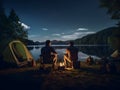 Camping with friends near lake and mountain, camping tent setup near river or mountain on afternoon or morning, hiking and camping Royalty Free Stock Photo