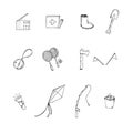 Camping, games, hobbies, tools, useful things, vector set of hand-drawn elements in doodle style Royalty Free Stock Photo