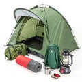 Camping gear with green tent isolated on transparent background Royalty Free Stock Photo