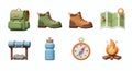 Camping Gear Set with Backpack Boots Map Compass and Campfire Royalty Free Stock Photo