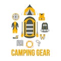 Camping Gear. Tourism equipment. River boat trip web elements.