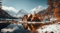 Camping glamping country house on the lake in the mountains. Winter landscape. Panorama Royalty Free Stock Photo