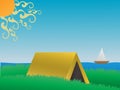 Camping on a grassy hill near lake daytime vector