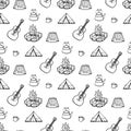 Camping - guitar and fire. Vector hand drawn seamless pattern Royalty Free Stock Photo