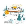 Camping hand drawn illustration with mountains, forest, tent and sun Royalty Free Stock Photo