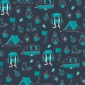 Camping Doodle Seamless Pattern. Hand Drawn Tourism Items. Royalty Free Stock Photo