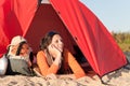 Camping happy woman relax tent on beach Royalty Free Stock Photo