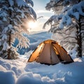 Camping tent in a heavy snow area - ai generated image