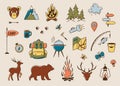 Camping and hiking colored elements. Outdoor adventure emblems. National Park icons. Forest, backpack, flags, wild animals. For Royalty Free Stock Photo