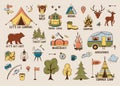 Camping and hiking colored elements. Outdoor adventure emblems. Tourist tent, forest, camp, trees and wild animals. For Camp Royalty Free Stock Photo