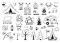 Camping and hiking elements isolated on white. Outdoor adventure emblems. Tourist tent, forest, camp, trees and wild animals. For Royalty Free Stock Photo