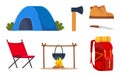 Camping and hiking equipment set. Big collection of elements or icons for Sports, adventures in nature, recreation and tourism Royalty Free Stock Photo