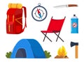 Camping and hiking equipment set. Big collection of elements or icons for Sports, adventures in nature, recreation and tourism Royalty Free Stock Photo