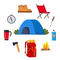 Camping and hiking equipment set. Big collection of elements or icons for Sports, adventures in nature, recreation and tourism Royalty Free Stock Photo