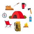 Camping and hiking equipment set. Big collection of elements or icons for Sports, adventures in nature, recreation and tourism Royalty Free Stock Photo