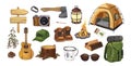 Camping, hiking equipment for trekking tourists watercolor set. Summer travel tools collection. Hand-drawn illustration Royalty Free Stock Photo