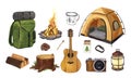 Camping, hiking equipment for trekking tourists watercolor set. Summer travel tools collection. Hand-drawn illustration Royalty Free Stock Photo