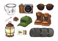 Camping, hiking equipment for trekking tourists watercolor set. Summer travel tools collection. Hand-drawn illustration Royalty Free Stock Photo