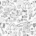 Camping, hiking, fishing, forest camp seamless pattern.