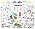 Camping, Hiking Hand Drawn sketch doodle set vector illustration with mountains, tent, raft, grill and campfire, axe and knife, pi