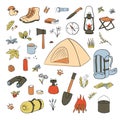 Camping Hiking icons colored sketch style set. Camping equipment vector collection. Binoculars, bowl, barbecue, lantern Royalty Free Stock Photo