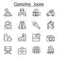 Camping & Hiking icons set in thin line style