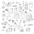 Camping Hiking icons set. Camping equipment vector collection. Binoculars, bowl, barbecue, lantern, shoes, Backpack