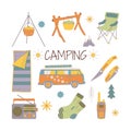Camping and hiking set, drawn elements cauldron, knife, sleeper, van, radio, socks