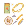 Camping and hiking set, drawn elements compass, knife, matches, rope