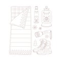 Camping and hiking set, drawn elements flashlight, sleeper, footwear, mosquito spray