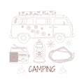 Camping and hiking set, drawn elements . Wilderness survival, travel, hiking, outdoor recreation,