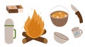 Camping and hiking set, hand drawn elements - campfire, matches, thermos, knife, pot and dishes. Vector illustration