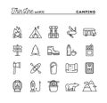 Camping, hiking, wilderness, adventure and more, thin line icons