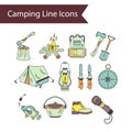 Camping holiday vector line icons.