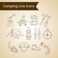 Camping holiday vector line icons.