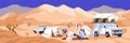 Camping in hot desert. Sand landscape panorama with tourists and arab bedoin. People group at picnic during Arabian