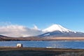 Camping house, lake, blue sky, Fuji mountain with snow in Japan countryside