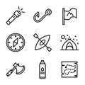 Camping icon set outline style including flashlight,light,camp,bright,fishing,fish,survive,flag,mountain,adventure,compass,west,