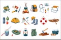 Camping icon set. Tourist equipment, items for fishing. Outdoor activity. Summer recreation. Flat vector design