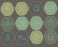 Camping icons of the hexagon. Green khaki dark blue background Royalty Free Stock Photo