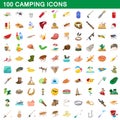 100 camping icons set, cartoon style Royalty Free Stock Photo