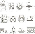 Camping icons, thin black lines on white, graphics. Gas bottle, binoculars, compass, boat, a house, medical care, backpack, shoes,