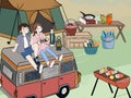 Camping illustration. People caravan camp relaxing in forest. Campground for group. Friends on recreation