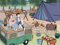 Camping illustration. People caravan camp relaxing in forest. Campground for group. Friends on recreation