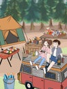 Camping illustration. People caravan camp relaxing in forest. Campground for group. Friends on recreation