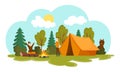 Camping illustration with summer forest cartoon style. Men rest in forest with campfire. Camping Tent. Vector Royalty Free Stock Photo