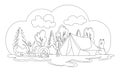 Camping illustration with summer forest cartoon style. Men rest in forest with campfire. Camping Tent. Vector