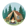 Camping illustration with summer forest composition with campfire, tent, backpack vector illustration