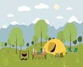 Camping illustration with tent, backpack, bonfire, firewood, mountains, forest and picnic. Flat vector illustration for tourism