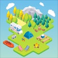 Camping isometric concept. Vector illustration in flat 3d style. Outdoor camp activity. Travel by camper in mountains Royalty Free Stock Photo